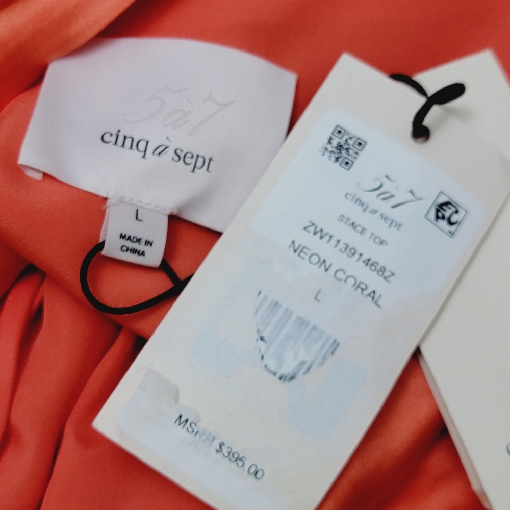 Cinq à Sept Stace one shoulder padded silk blouse in Neon Coral - Picture 9 of 10